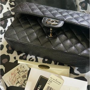 BRAND NEW CHANEL QUILTED CAVIAR DOUBLE FLAP BAG BLACK. BOX AND CARD